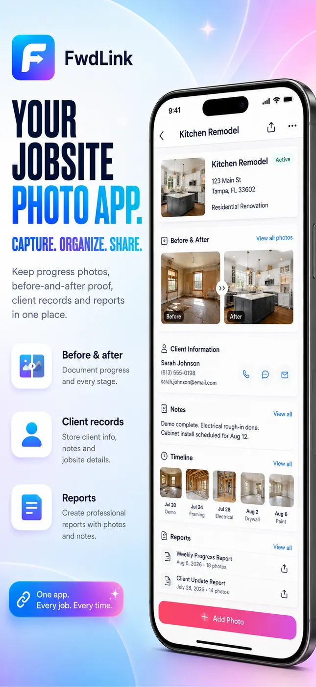 A jobsite record with before-and-after photos, client contact info, a dated timeline of work, and saved progress reports.