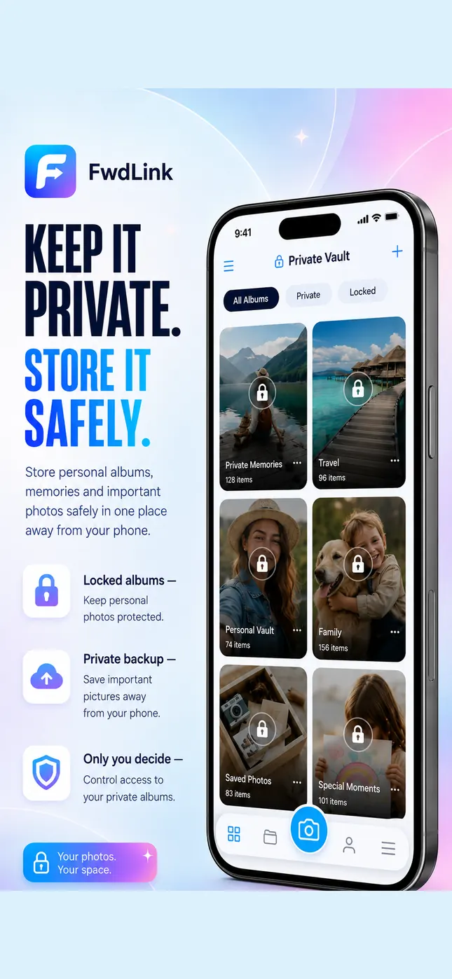 The private vault screen with a padlock on every album cover and filters for all albums, private, and locked.