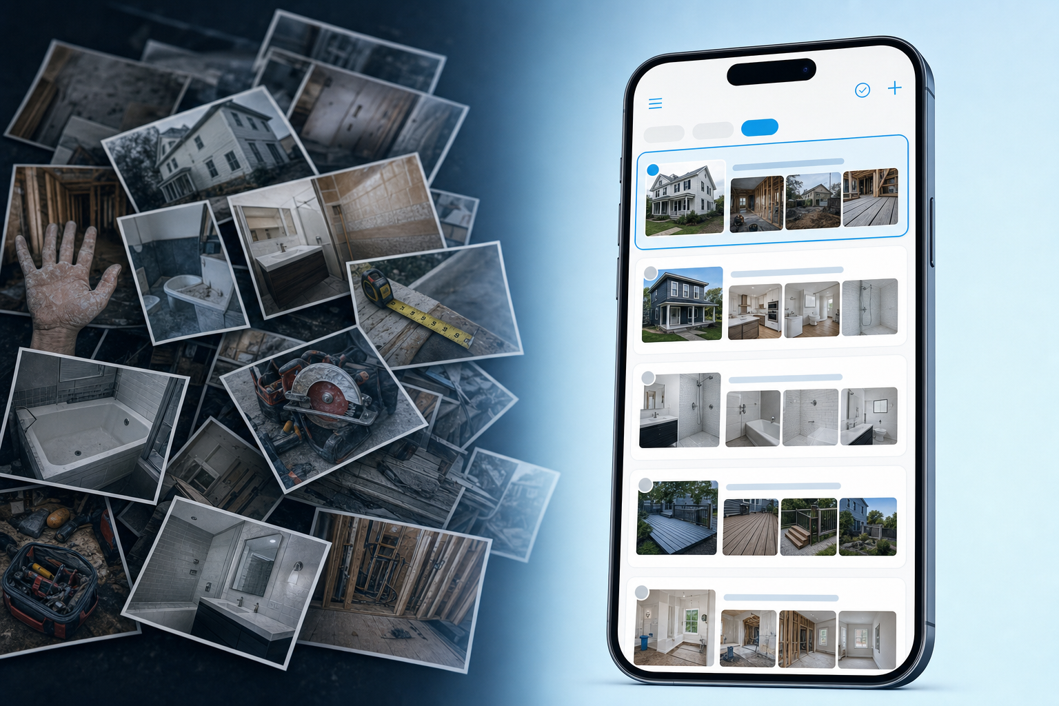 Left: scattered job photo prints in chaos. Right: organized FWDLink job albums on a phone.