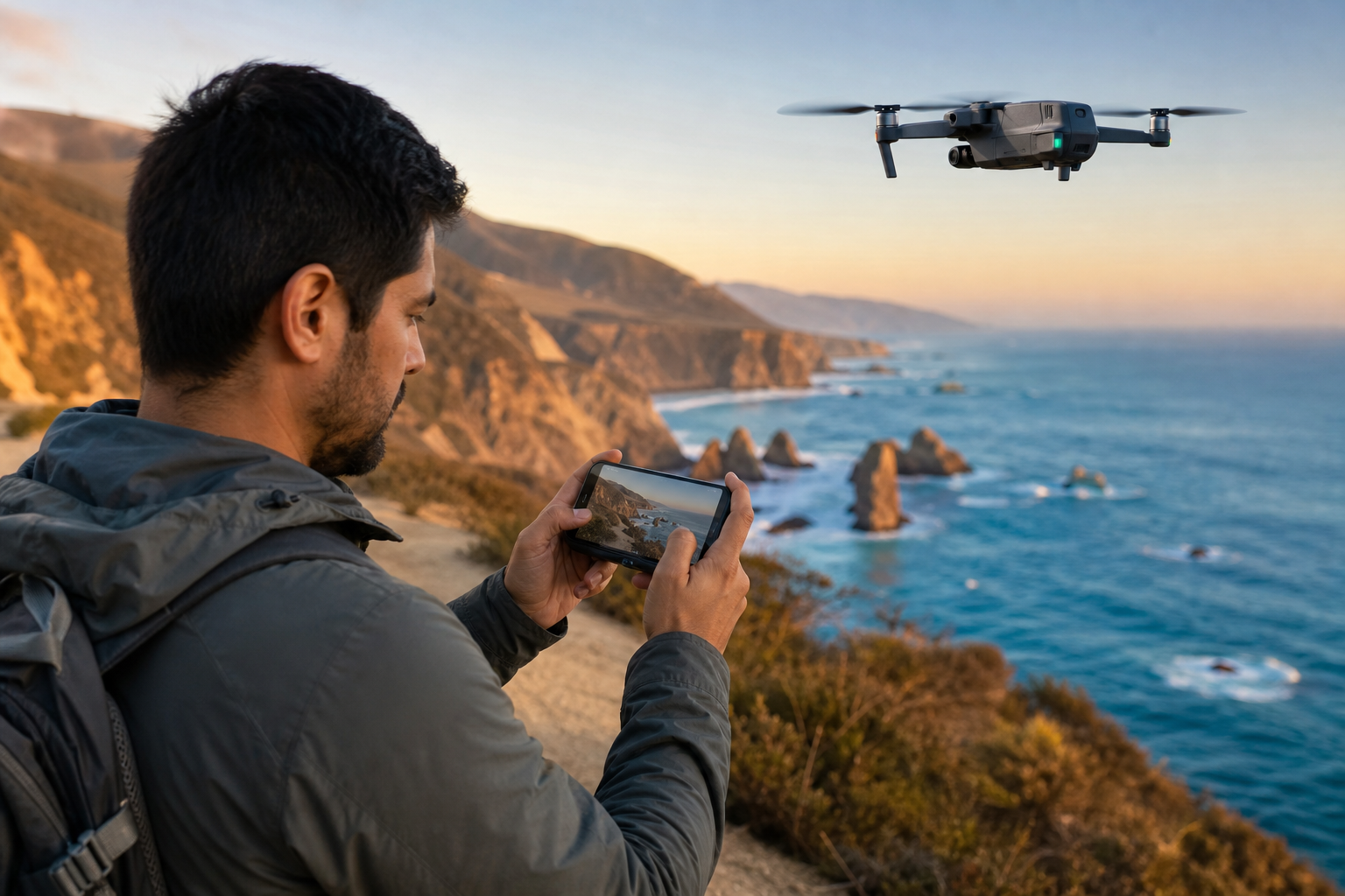 Flying a drone over a coastal trail with a phone as controller