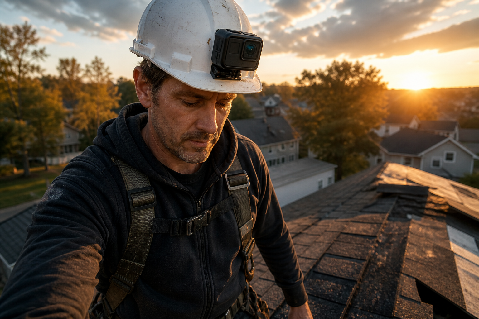 Helmet action camera capturing a jobsite roof