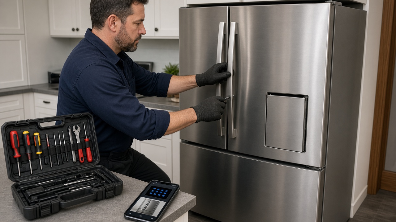 Repaired kitchen appliance while a phone shows the before and after for that address