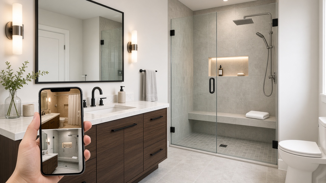 Remodeled bathroom while a phone shows the before and after for that address