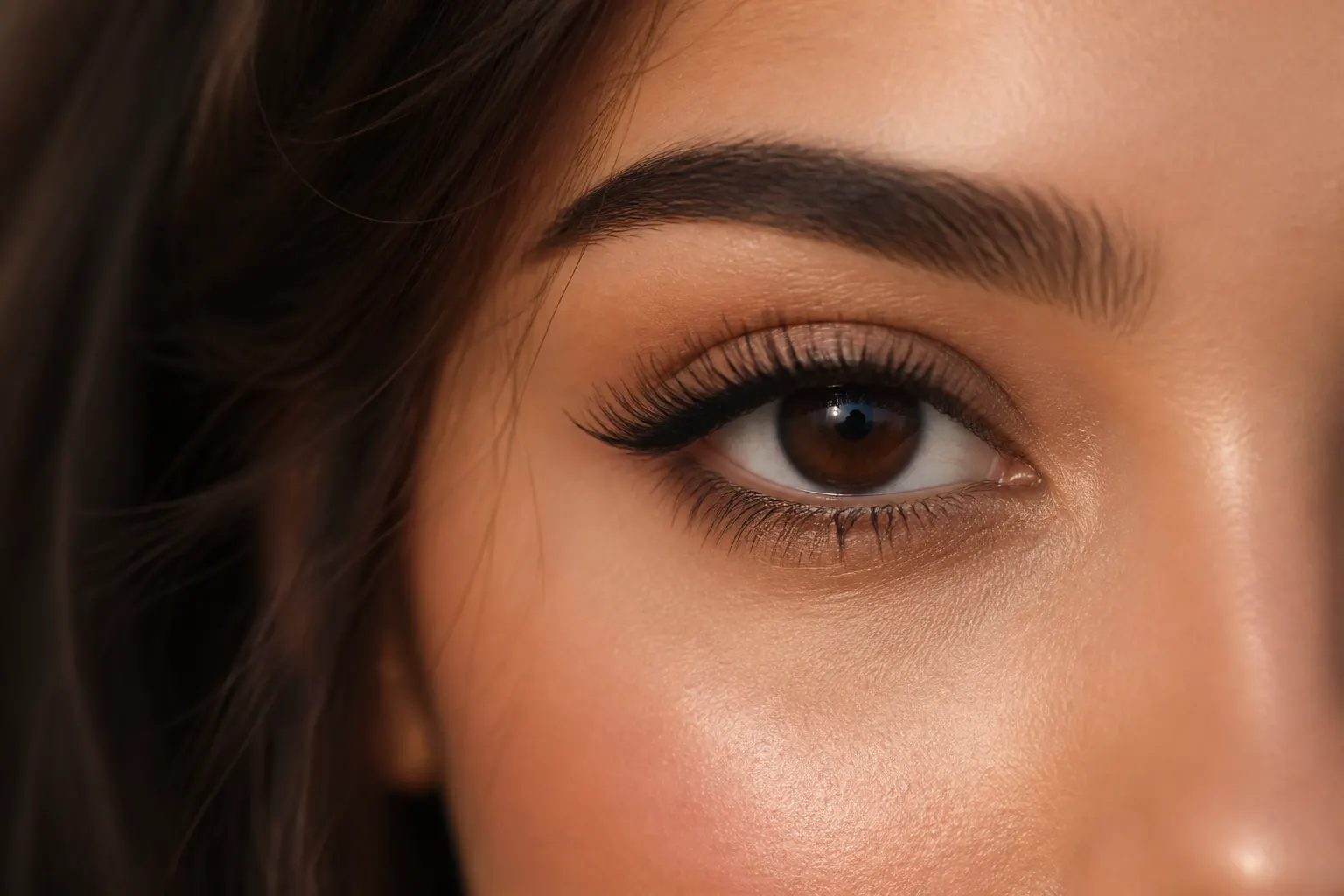 Glam lash extensions close-up — soft focus, studio finish