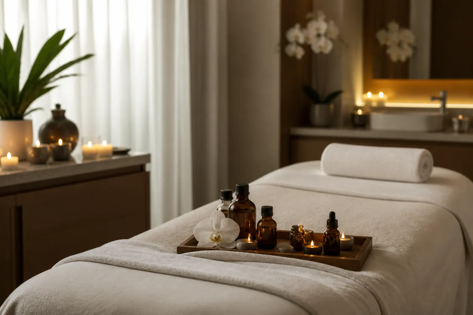 Serene spa treatment room — calm linen and soft light