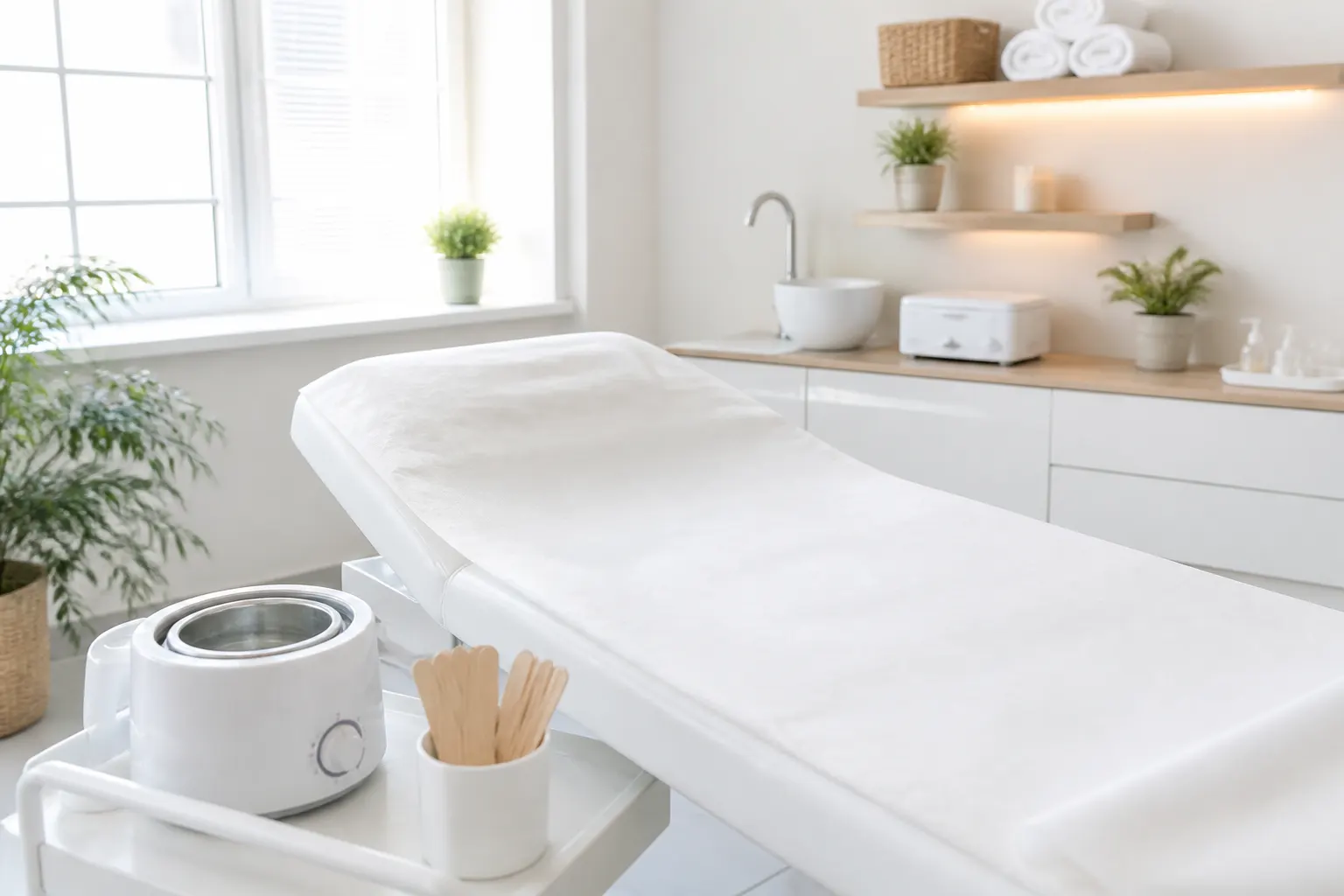 Clean waxing studio — treatment bed ready
