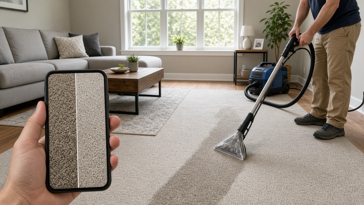 Steam-cleaned living room carpet while a phone shows the before and after for that address