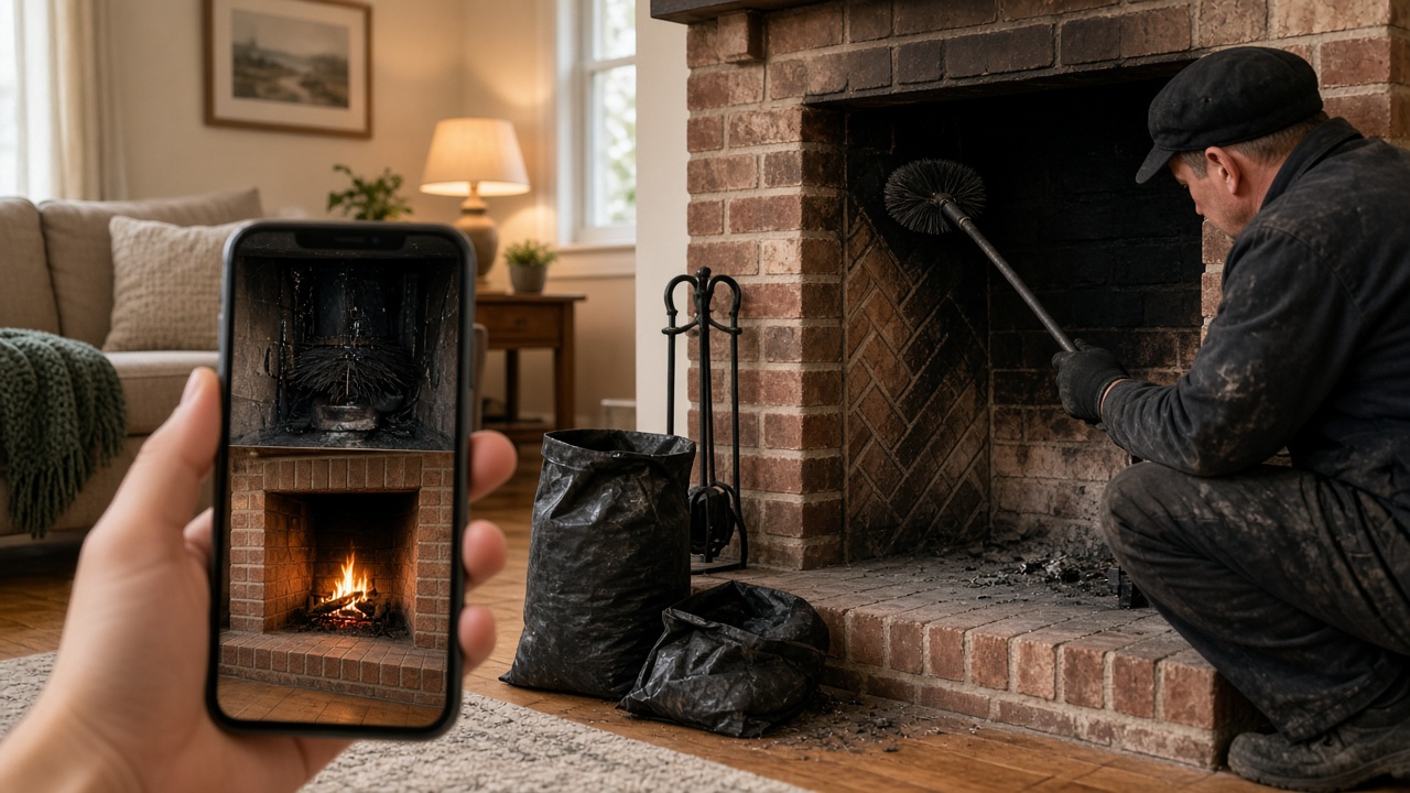 Cleaned fireplace after chimney sweep while a phone shows the before and after for that address