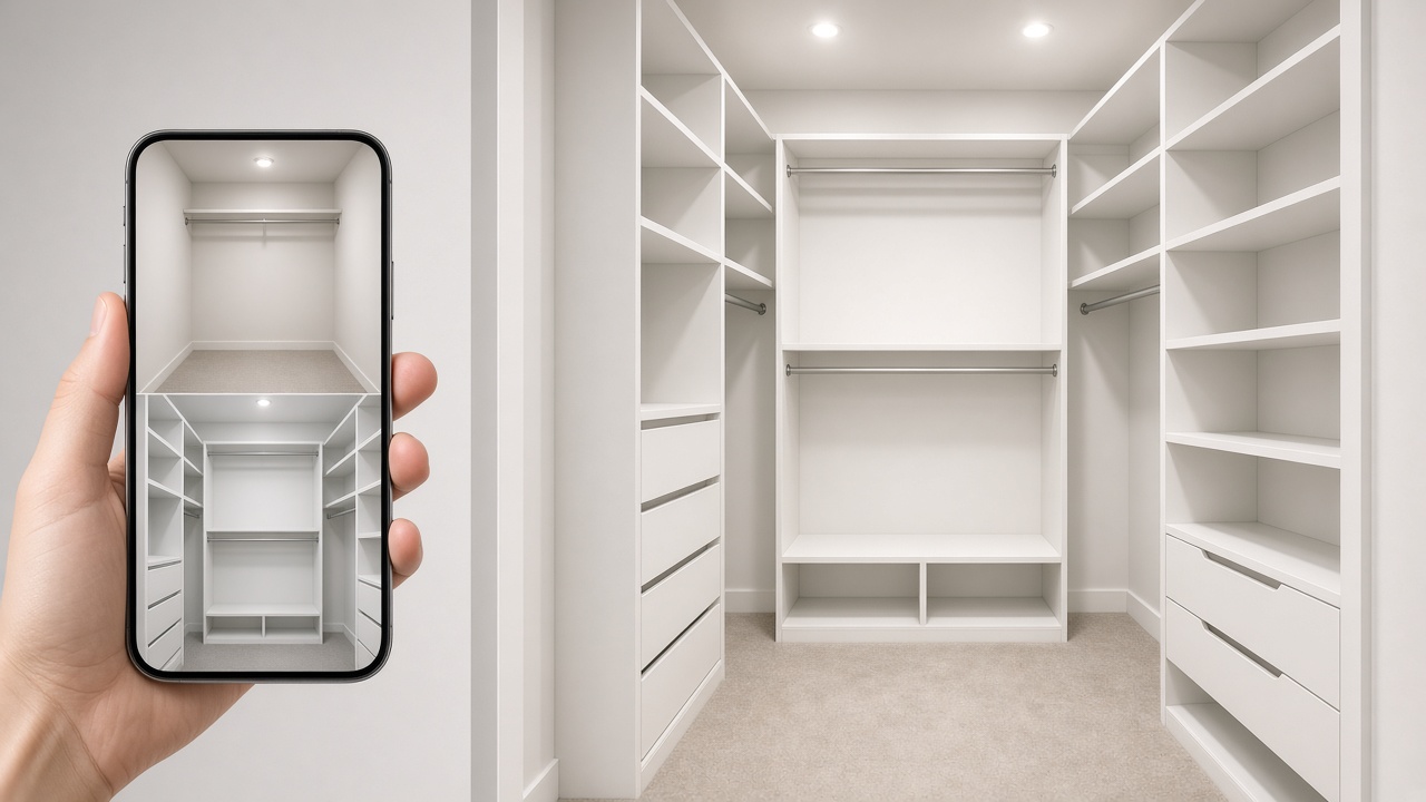 Custom walk-in closet while a phone shows the before and after for that address