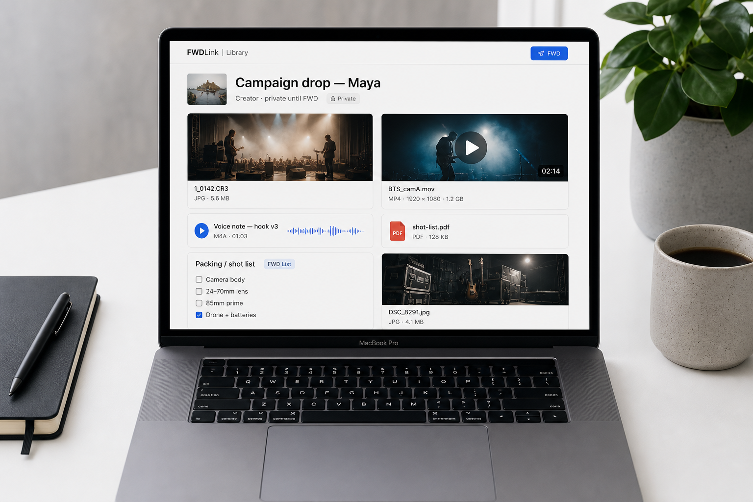 Un álbum FWDLink con fotos, video, una nota de voz, un PDF y una shot list