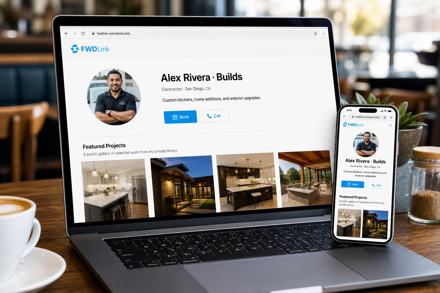 Página pública de contratista FWDLink con fotos de trabajo seleccionadas de la biblioteca privada