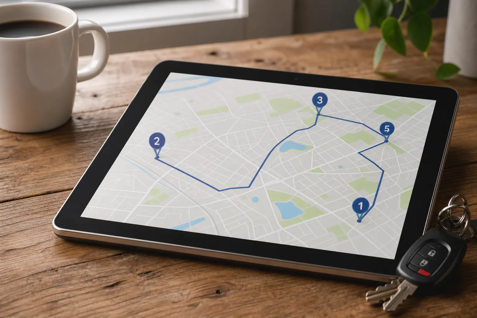Tablet map with numbered job pins for today’s stops