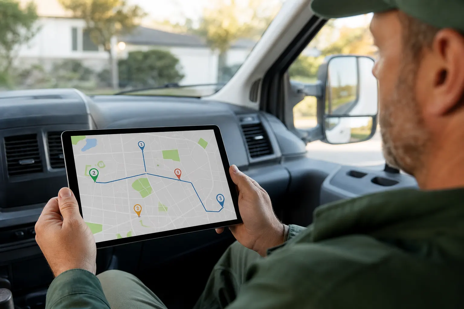 Field tech reviewing a multi-stop day route on a tablet in the van