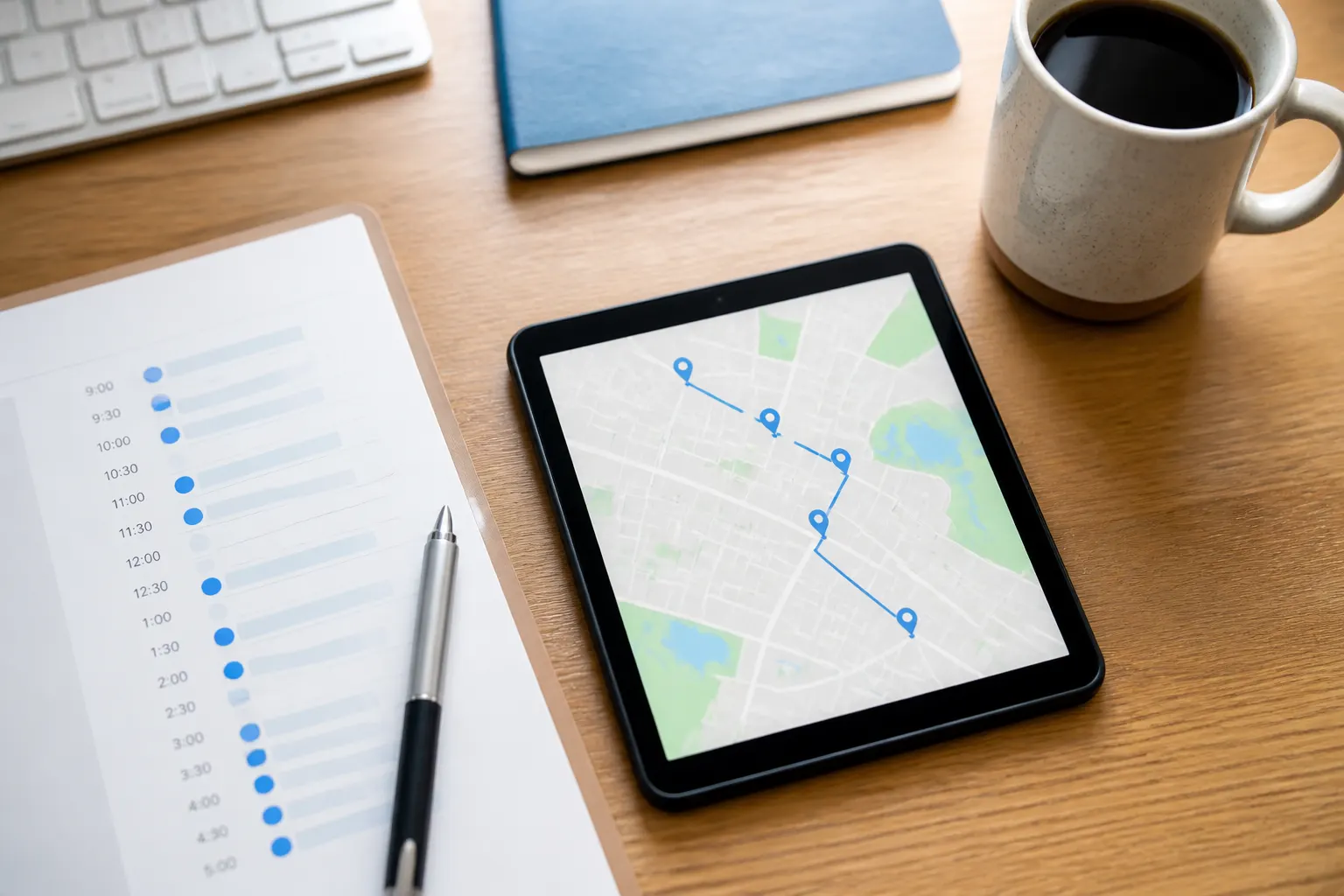 Day schedule list beside a mapped route of job stops