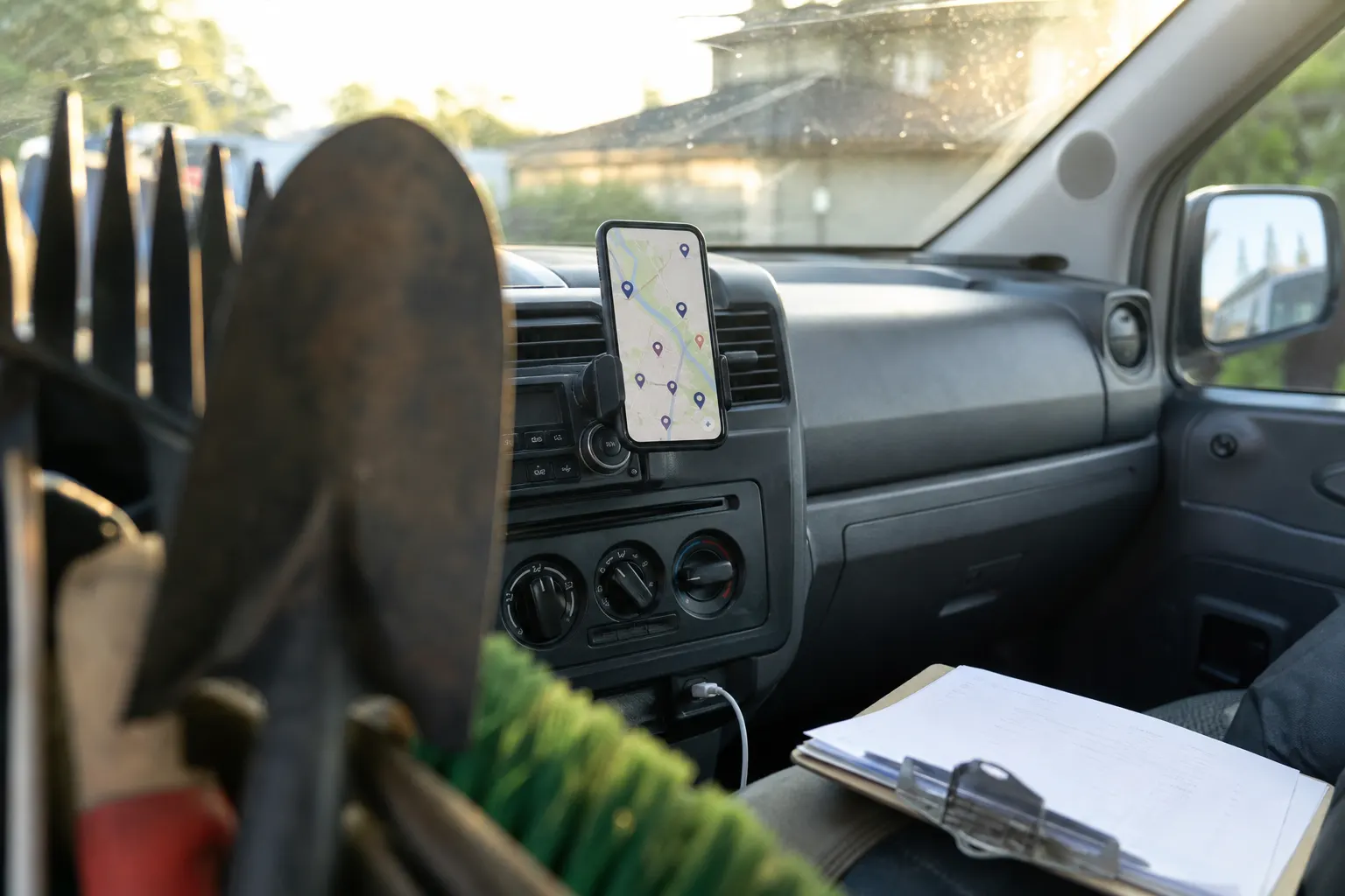 Day route on a phone mount with tools and work orders in the van