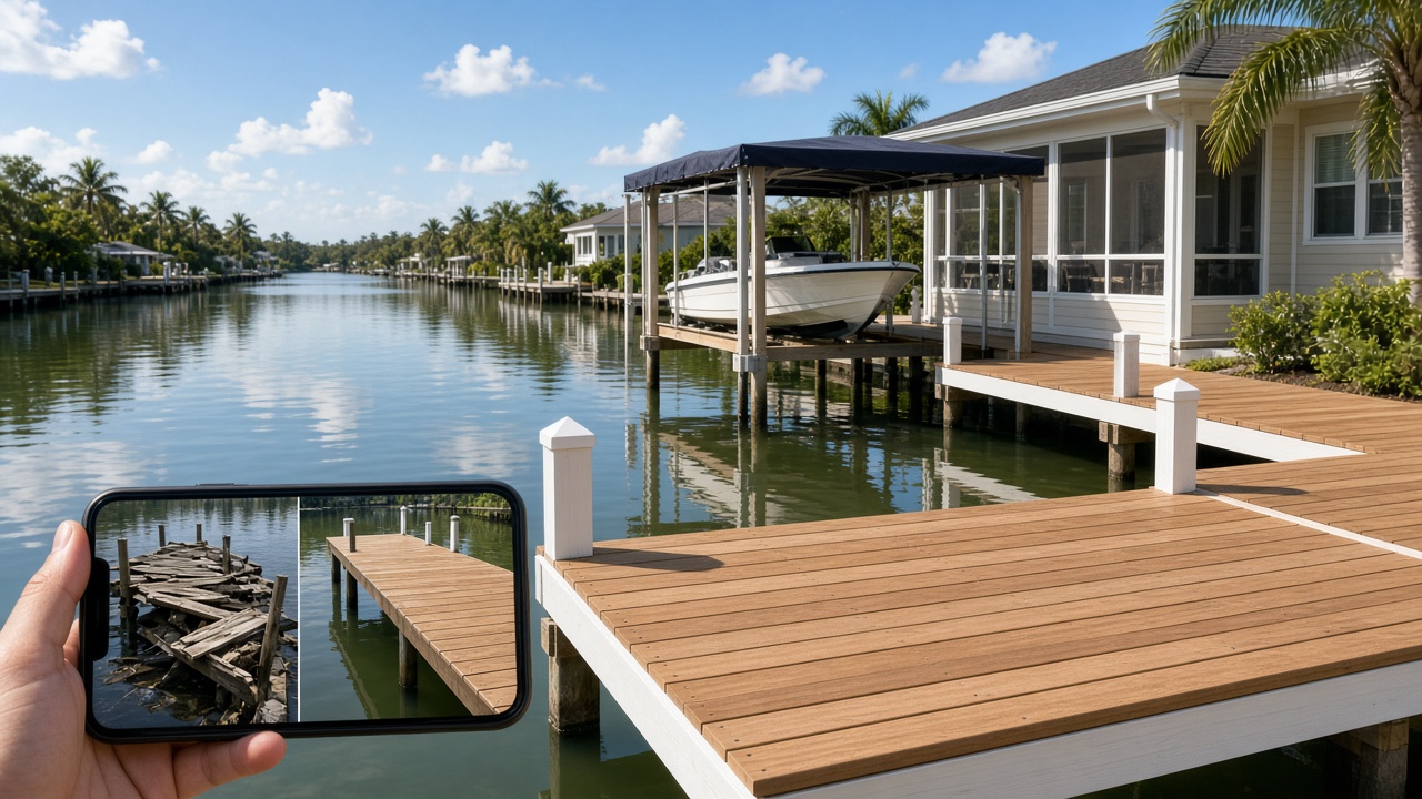 New residential dock while a phone shows the before and after for that address