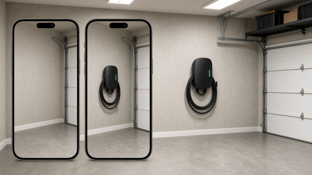 Installed EV wall charger while a phone shows the before and after for that address