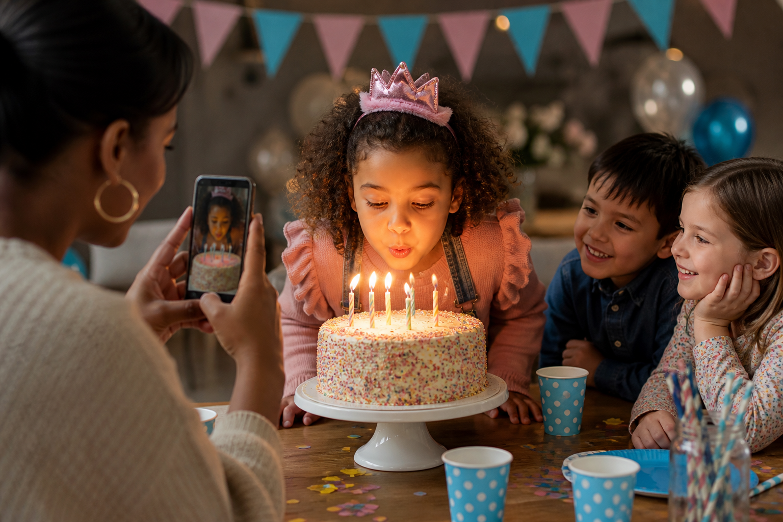 Padre o madre capturando el cumpleaños de un niño para el álbum familiar