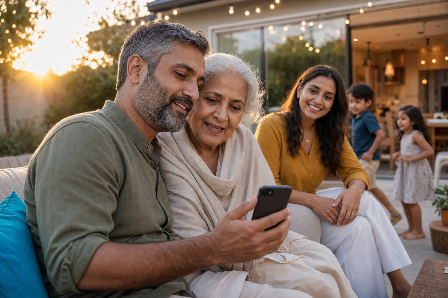 Family sharing an album on a phone