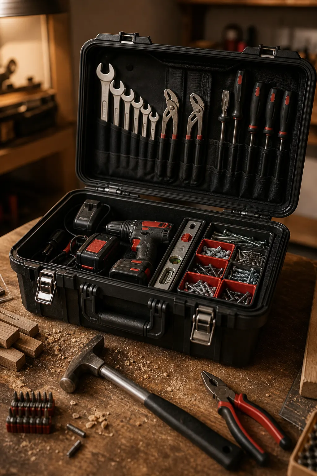 Open handyman toolbox with drill, wrenches, and fasteners