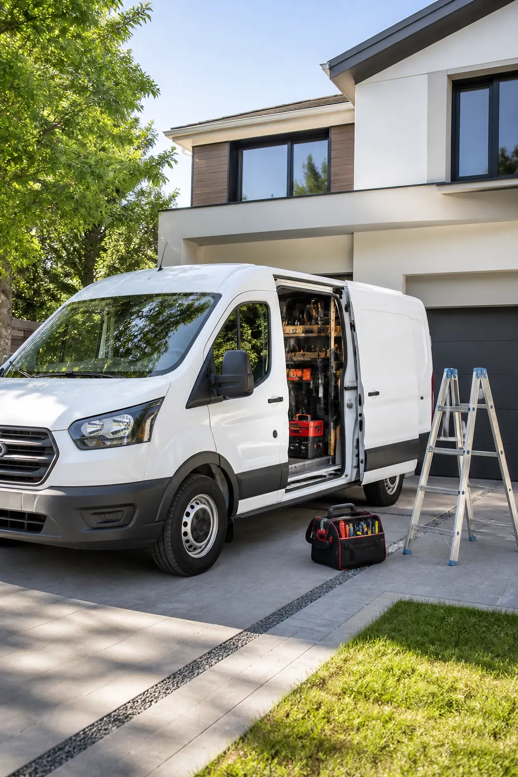 Handyman van open with tools ready at a client driveway