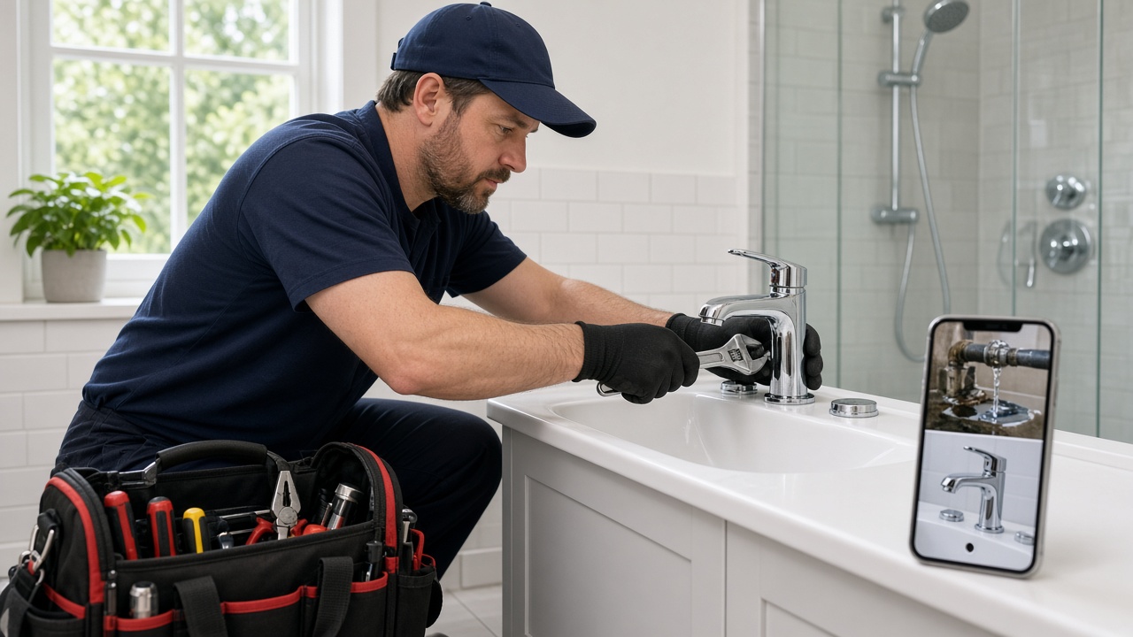 Handyman finishing a home repair while a phone shows the before and after for that address