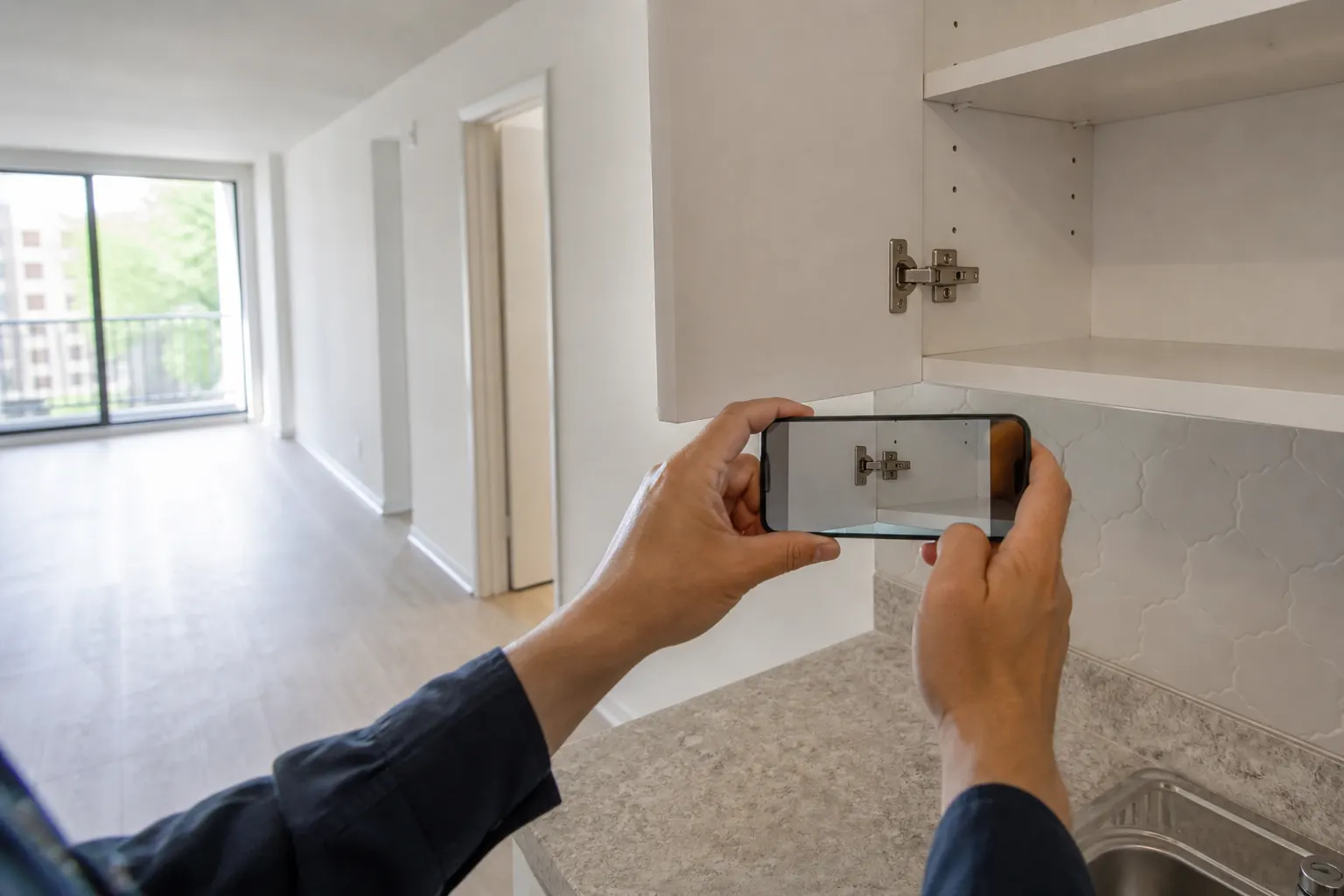 Rental walkthrough — photographing kitchen and living condition