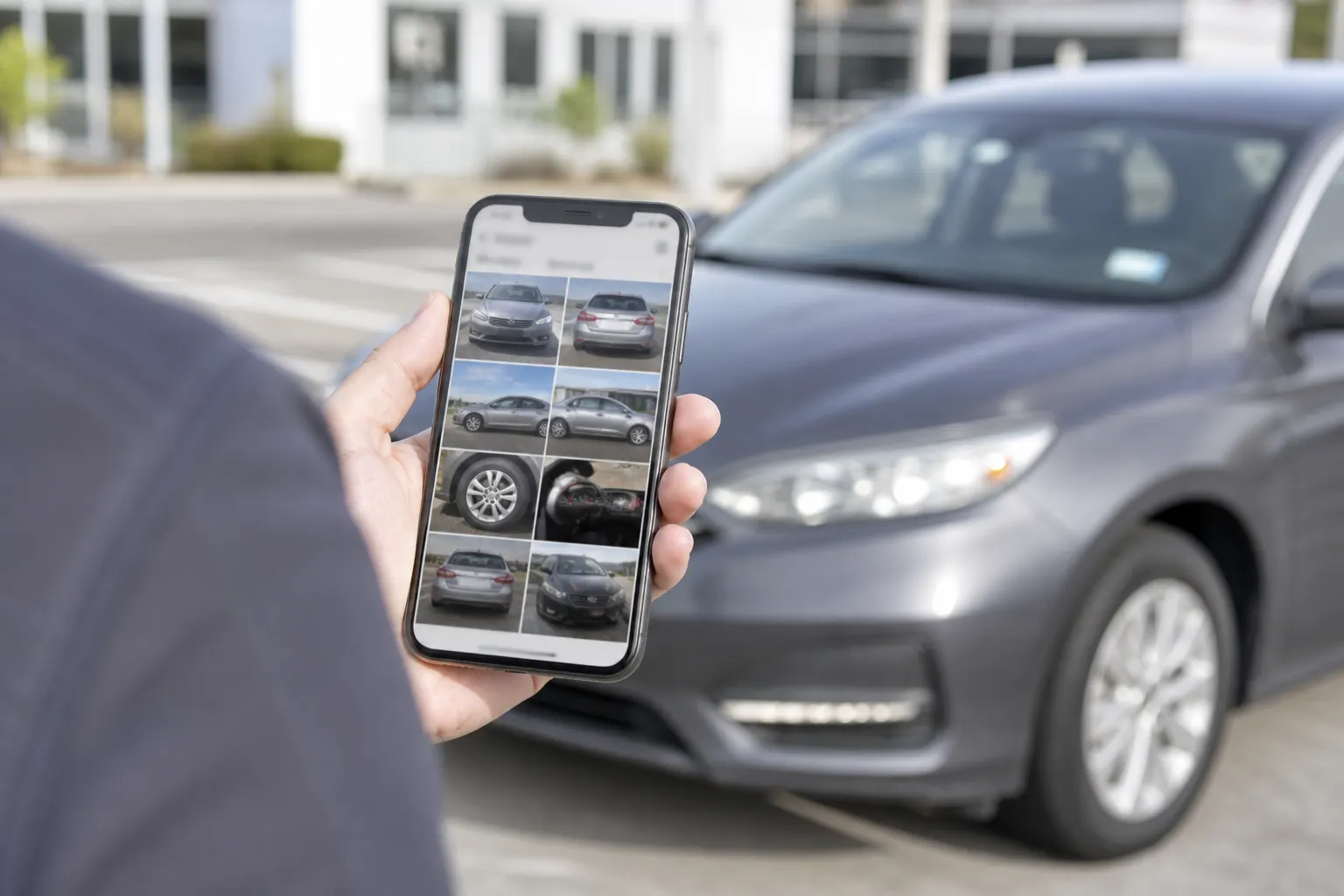 Vehicle inspection photos captured on a phone beside a car