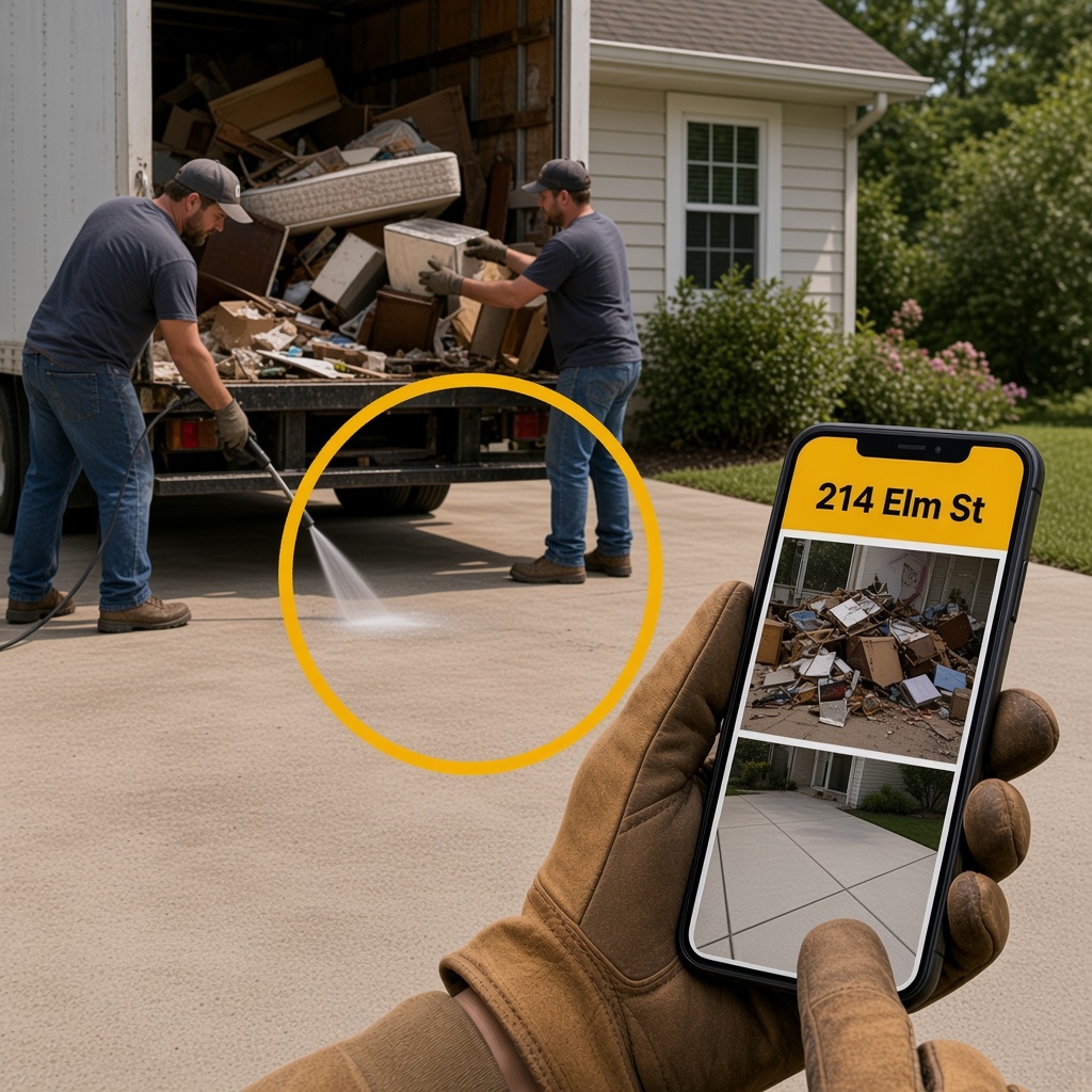 Cleared driveway after junk haul while a phone shows the before and after for that address