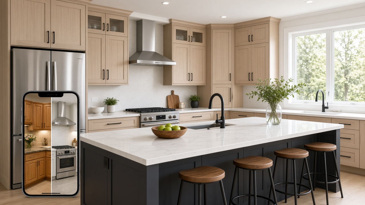 Remodeled kitchen while a phone shows the before and after for that address
