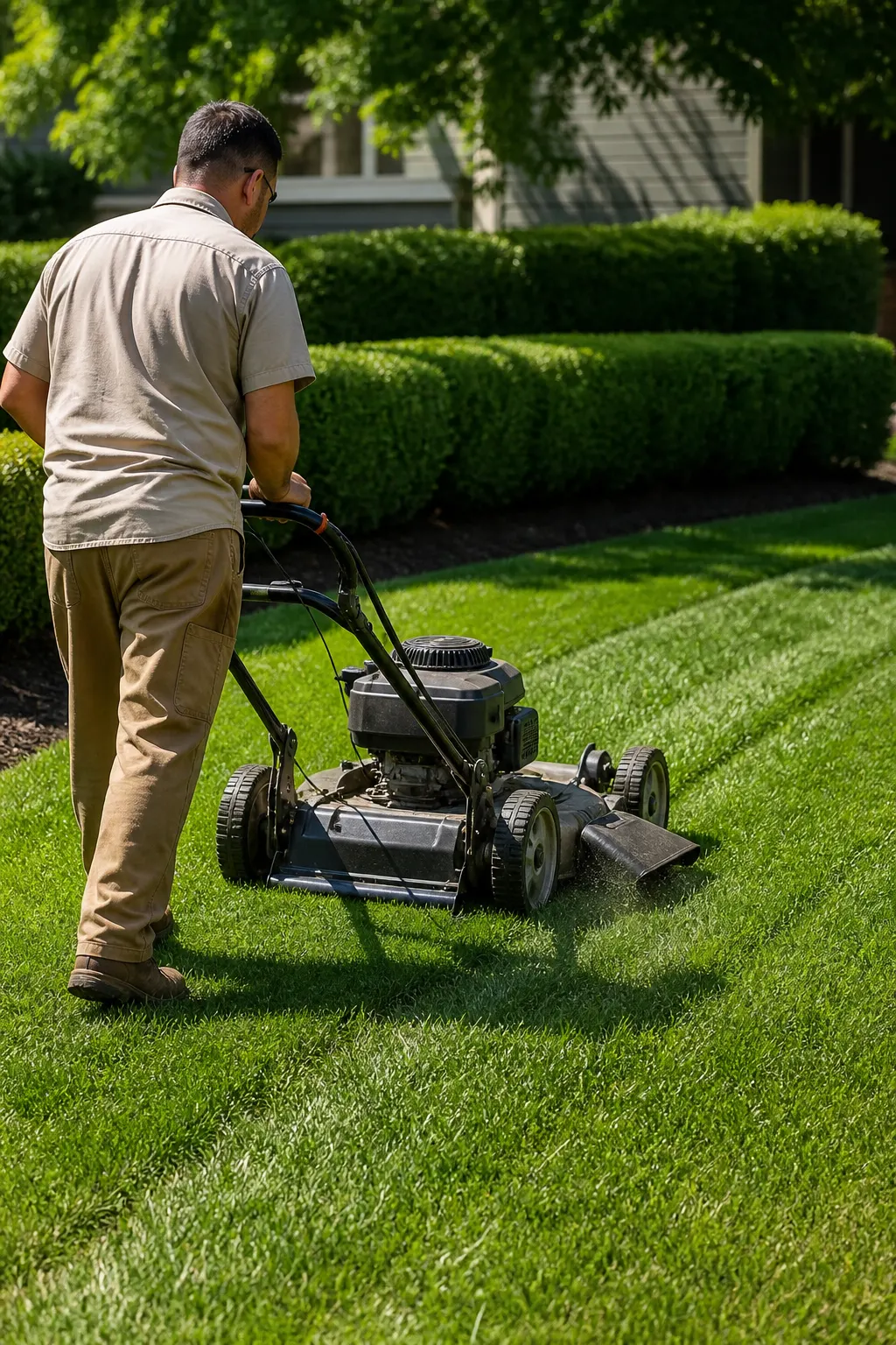 Lawn maintenance in progress on a residential yard