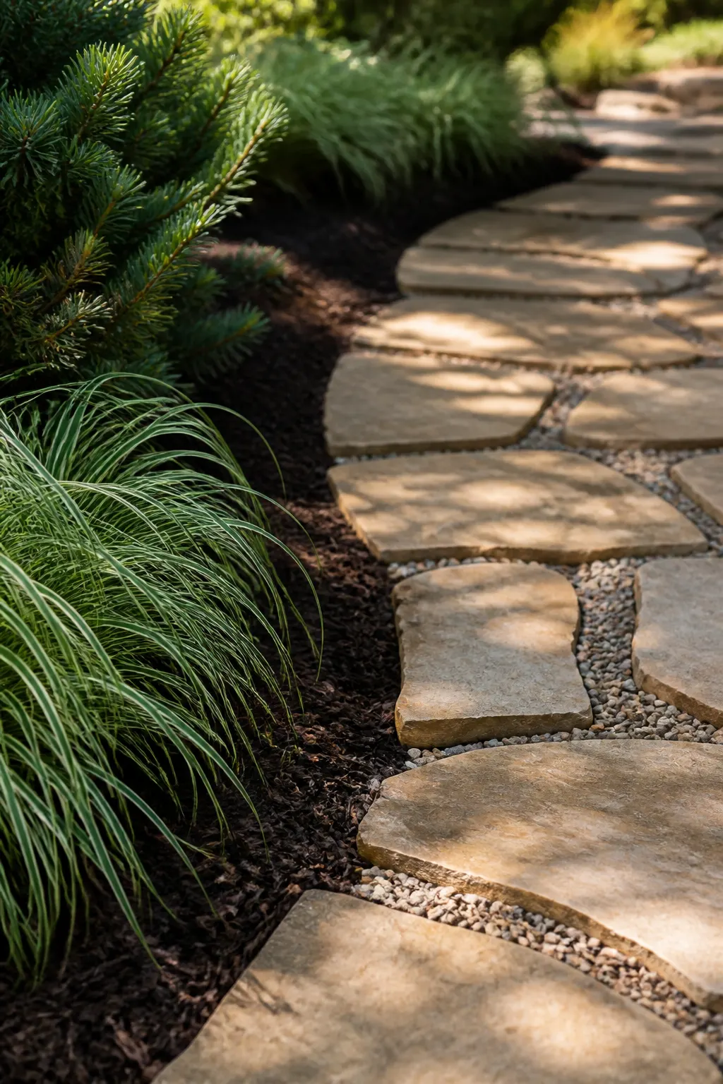 Stone path and planted beds in a residential yard