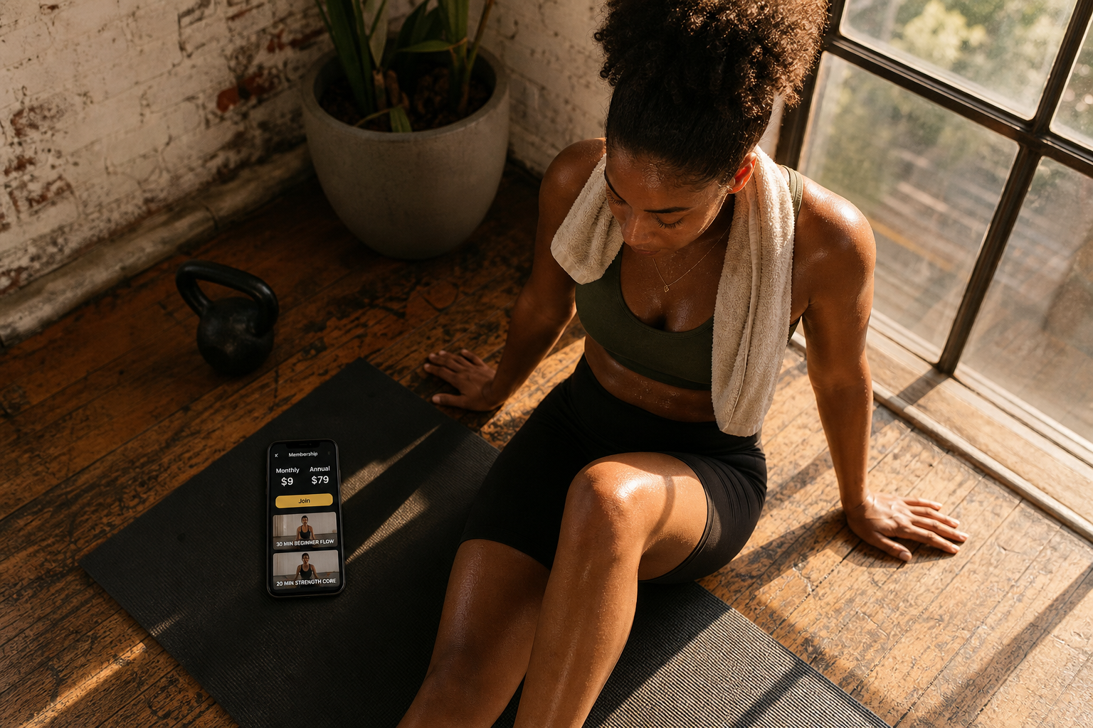 Creadora fitness con energía de membresía en un loft al atardecer