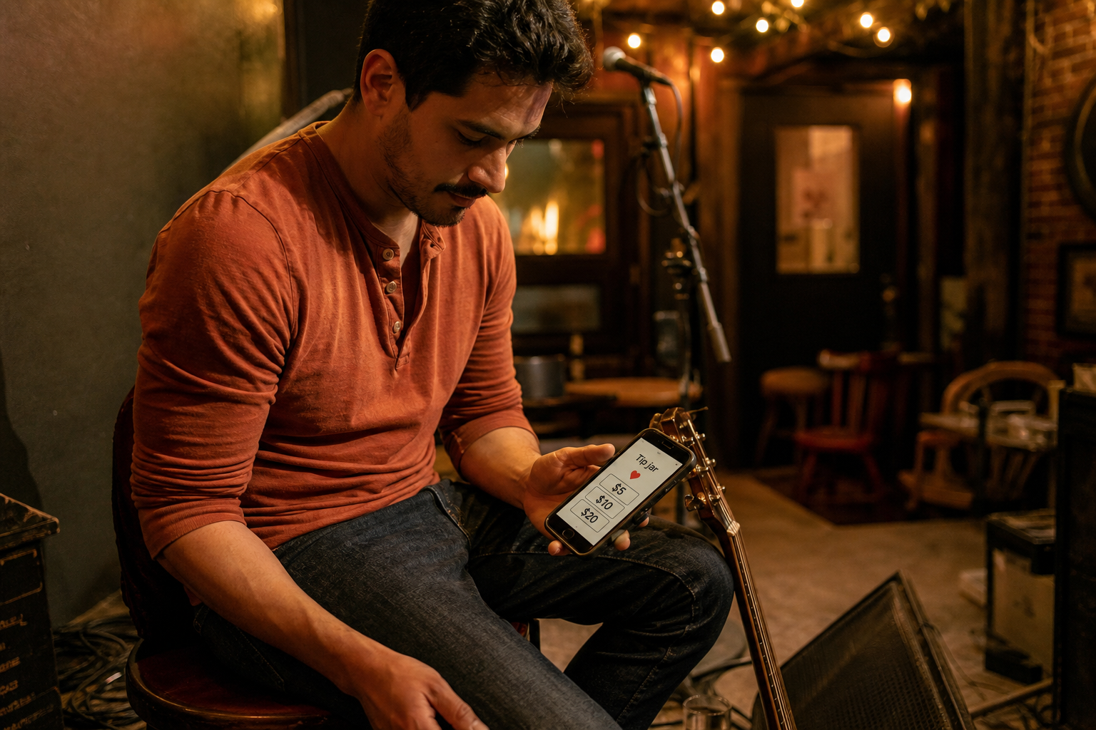 Músico después del set, mostrando un bote de tips en un celular real