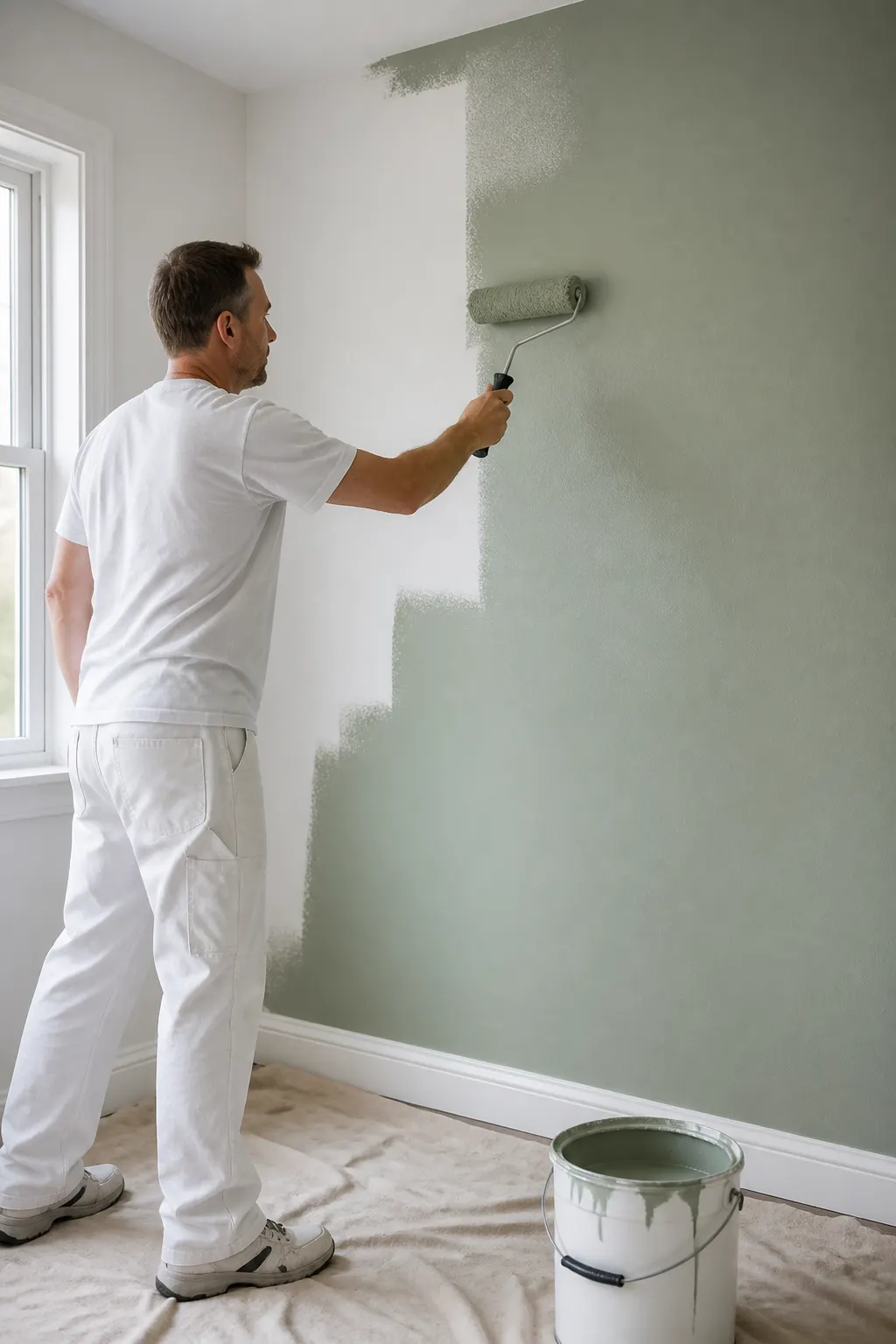 Pintor aplicando rodillo en una pared interior