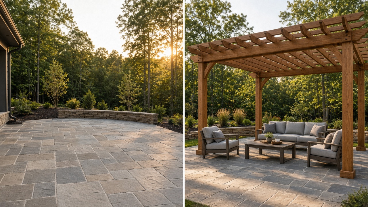 New wood pergola over a patio while a phone shows the before and after for that address