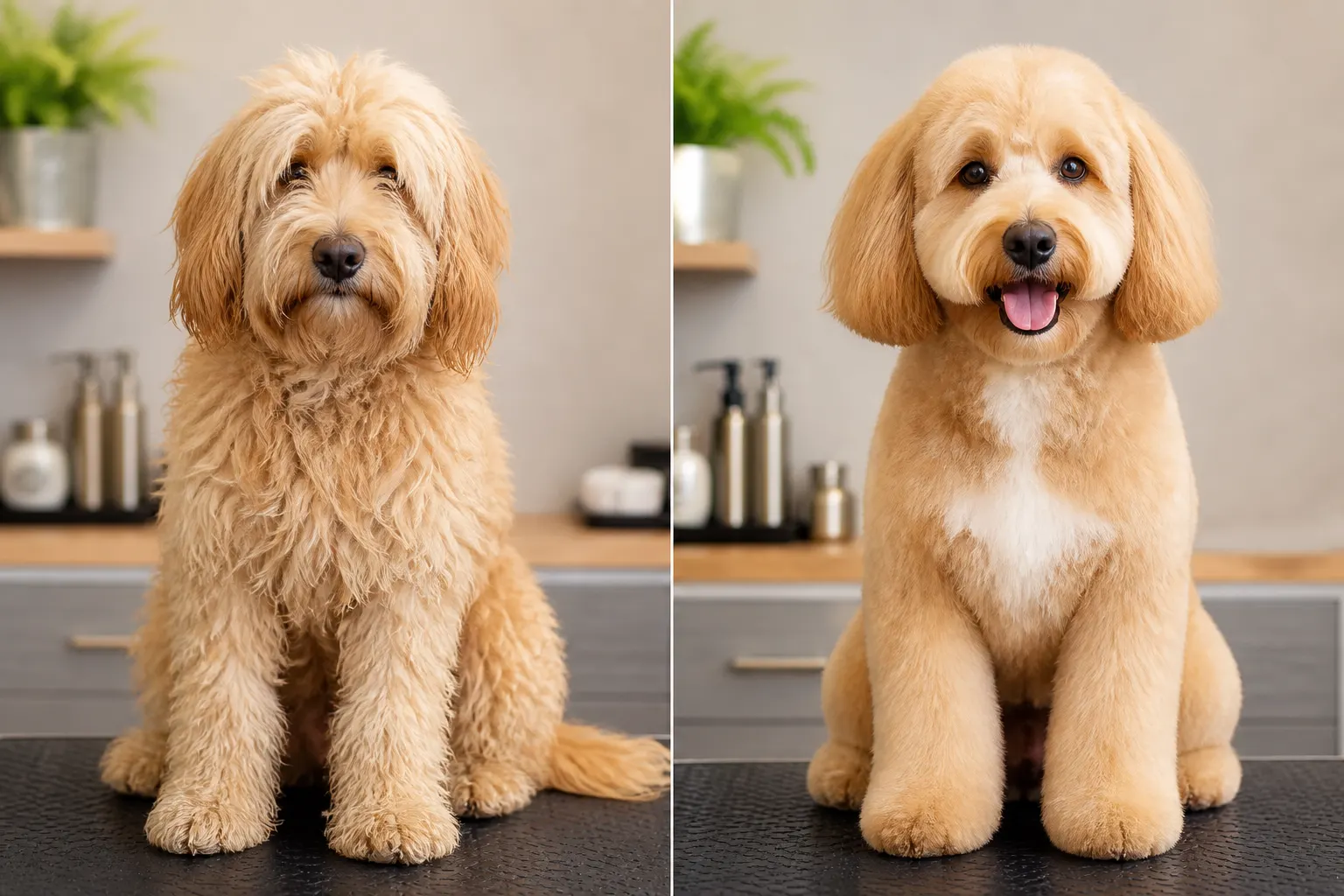 Antes y después de una transformación de estética canina