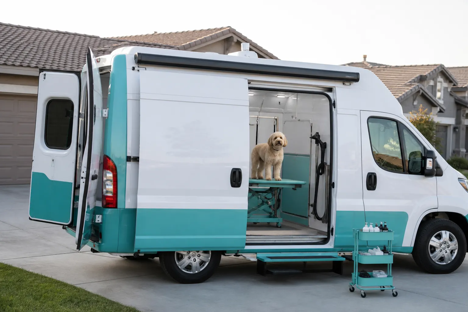 Van de estética canina móvil estacionada en una entrada residencial