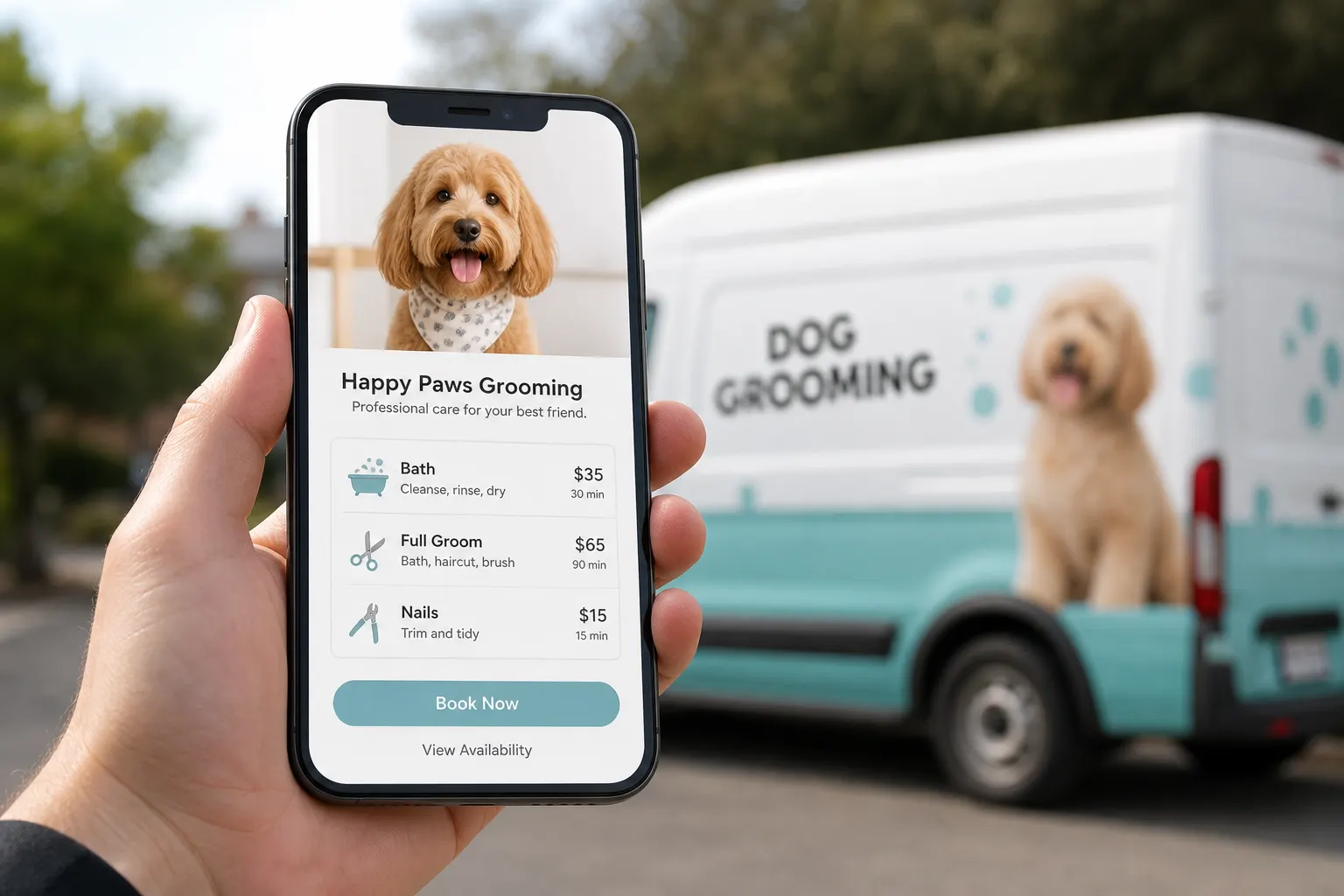 Celular con página de visitas de estética canina con servicios y fotos