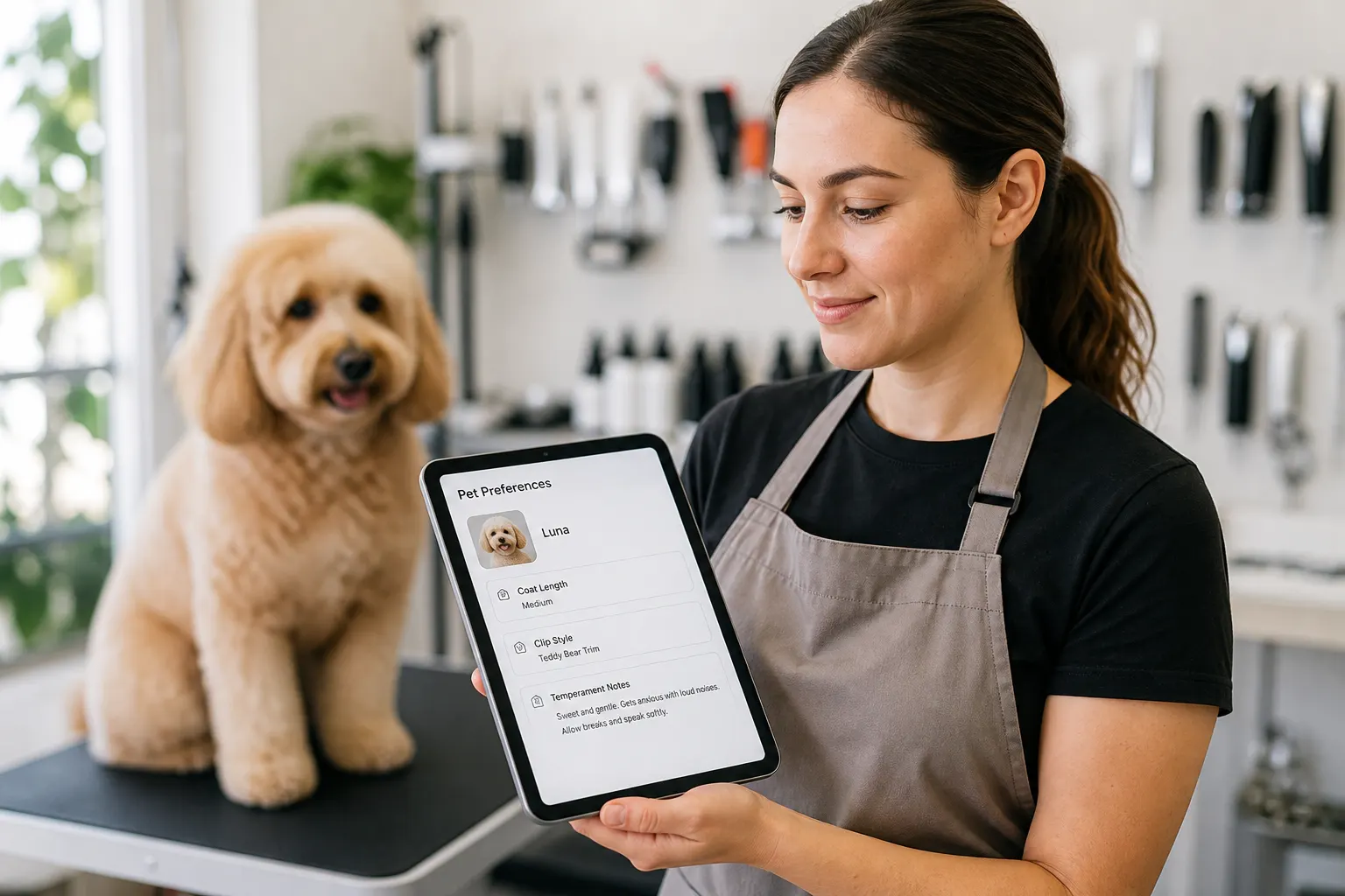 Estilista revisando preferencias del animal en una tablet