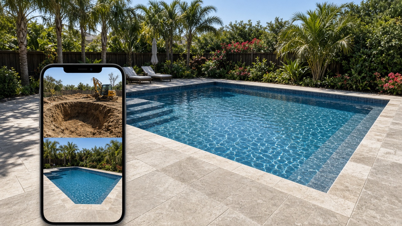 Finished backyard pool while a phone shows the before and after for that address