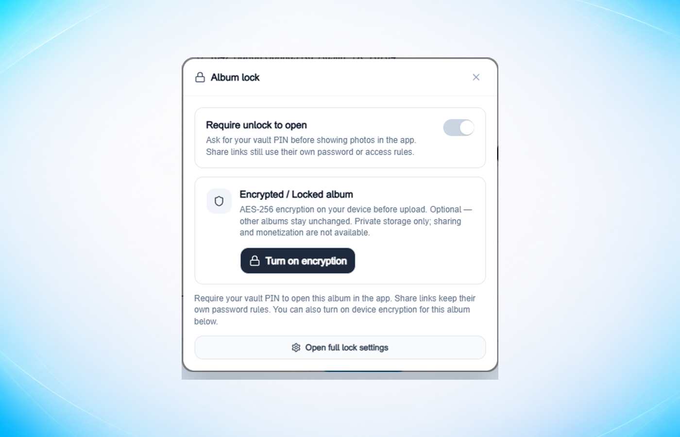 Album lock panel — require unlock and encryption options