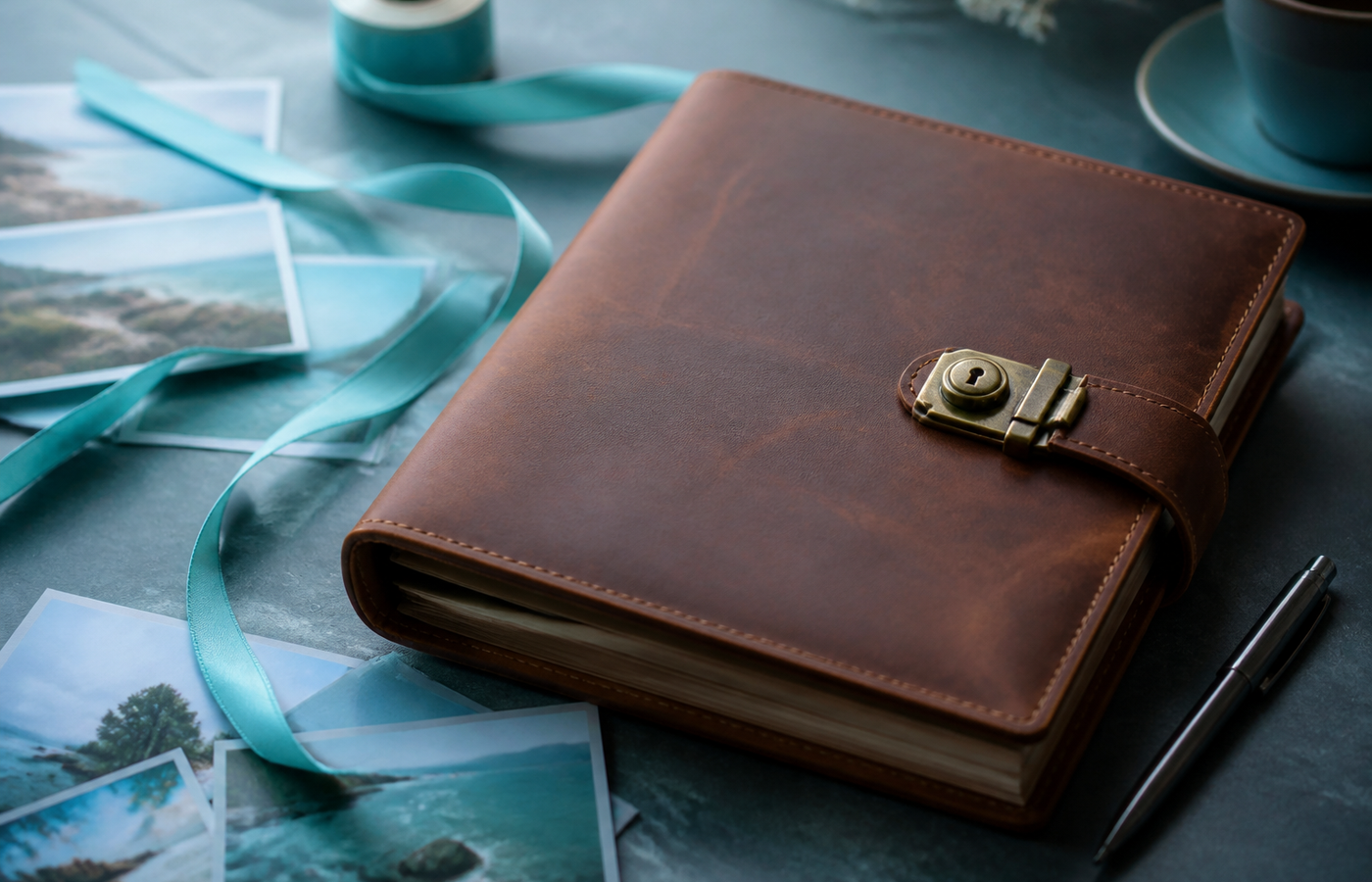 Locked leather photo album with prints — private by default