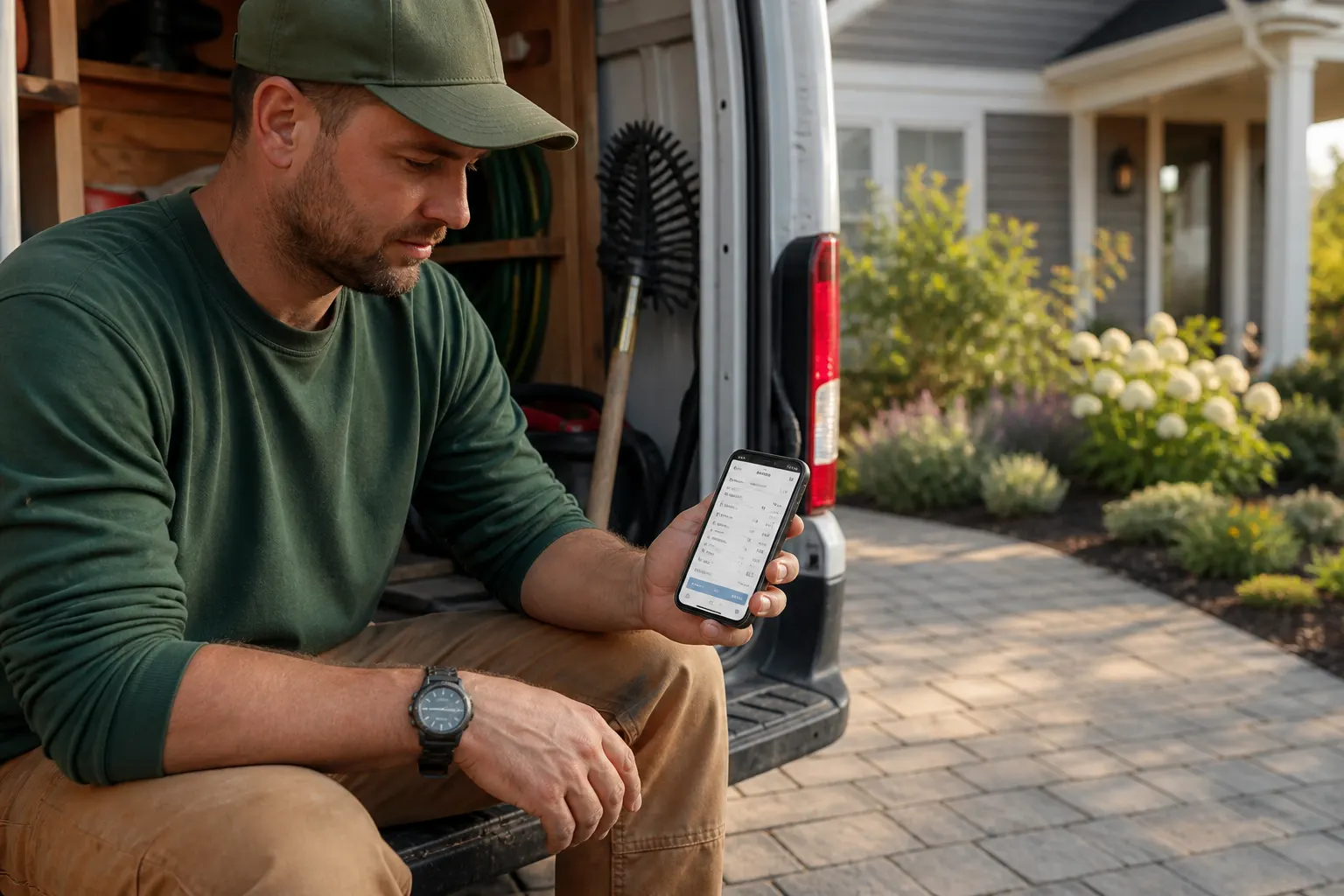 Reviewing a field estimate on a phone by the work van