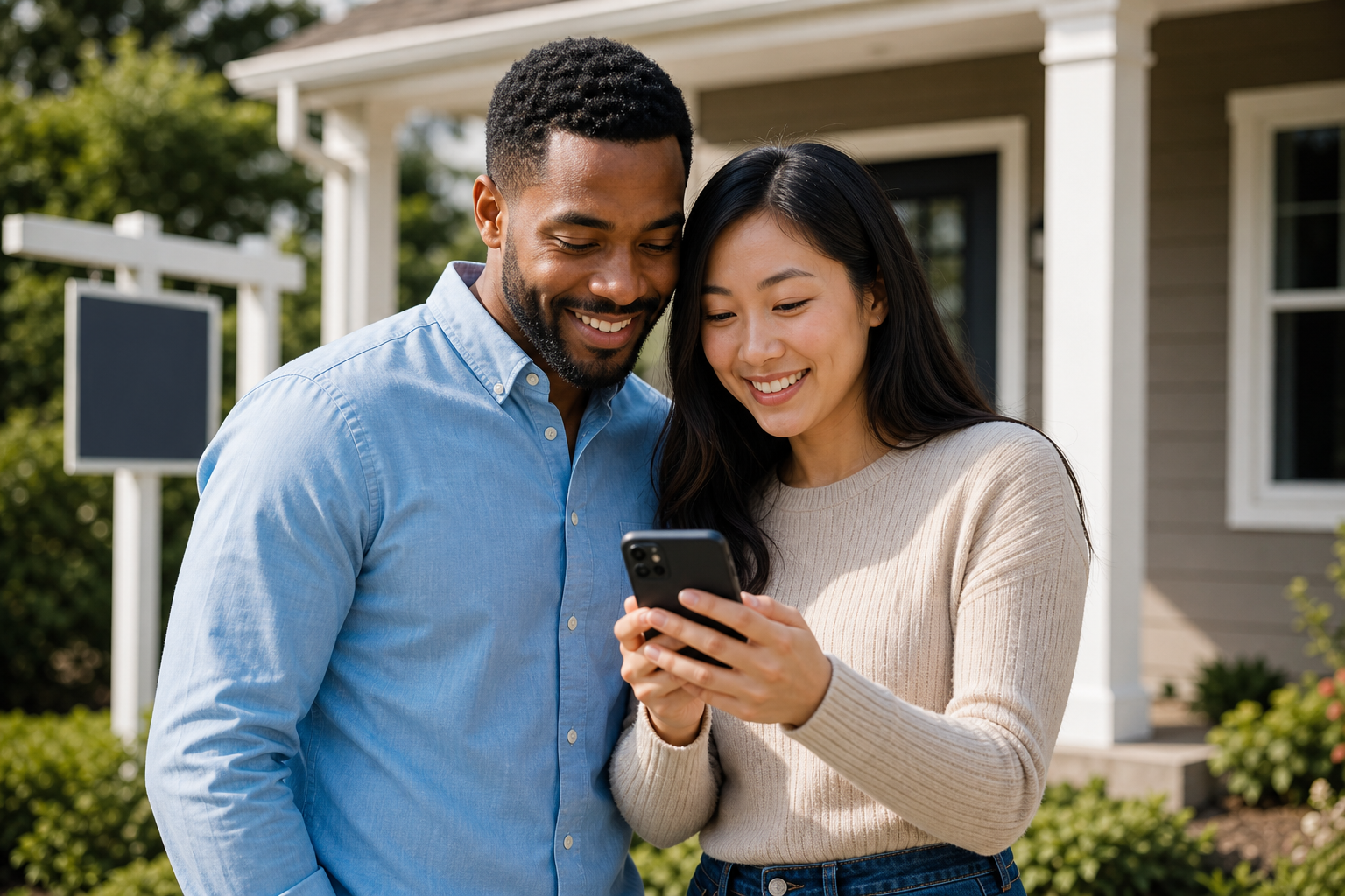 Buyers opening a realtor listing album link on a phone at the property