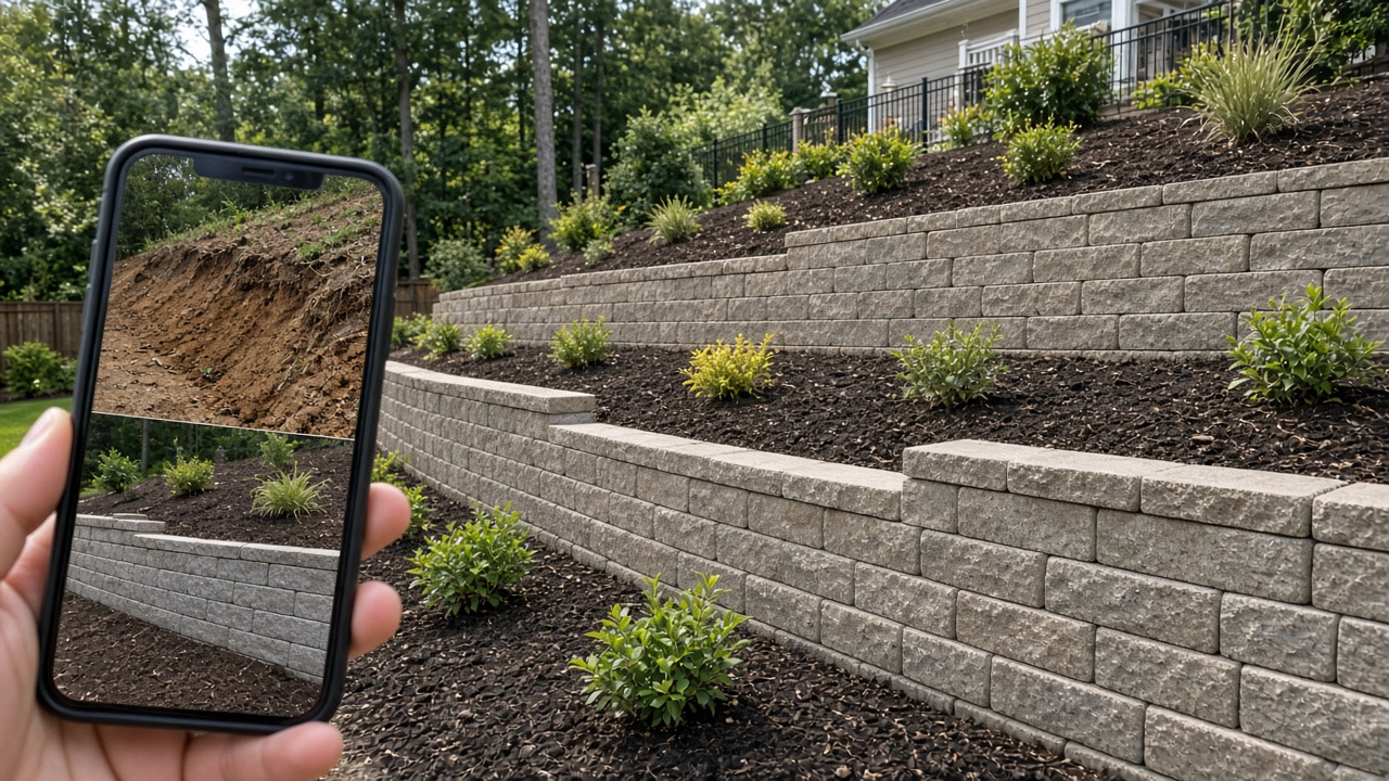New block retaining wall while a phone shows the before and after for that address