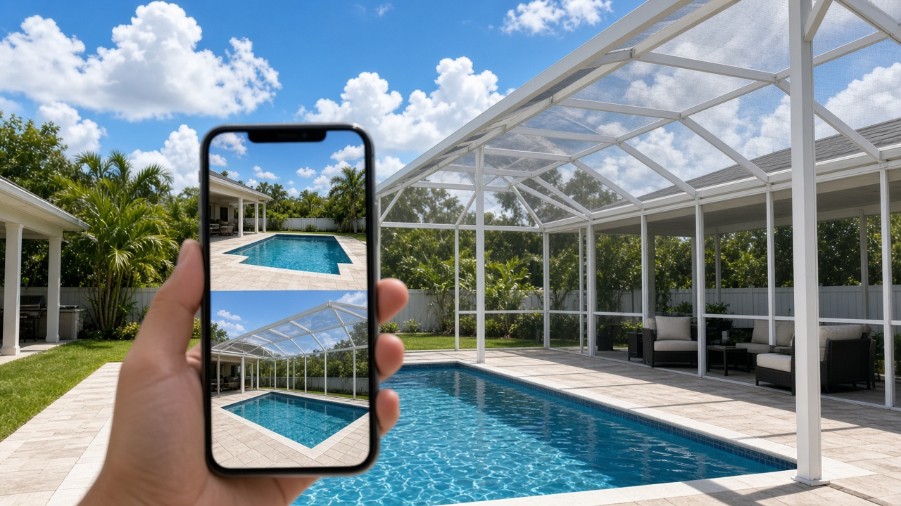 New pool screen enclosure while a phone shows the before and after for that address