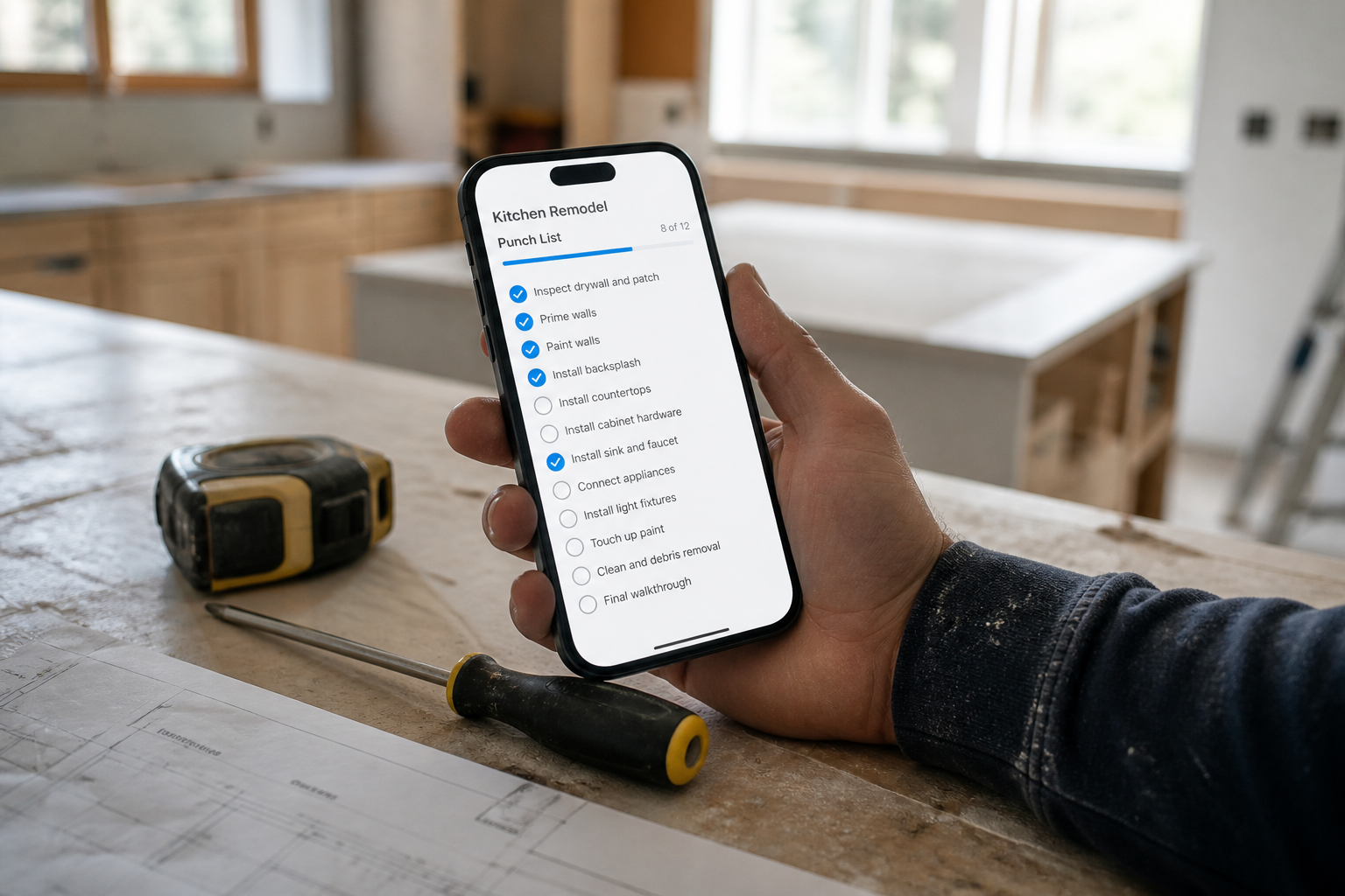Punch list en el celular en una remodelación