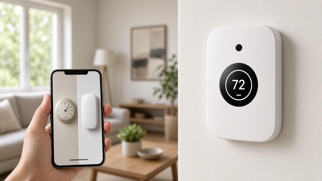 Smart thermostat installed while a phone shows the before and after for that address