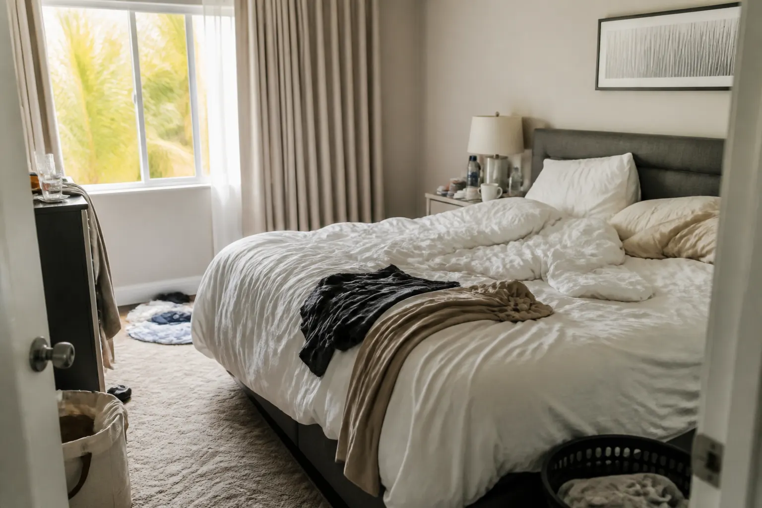 Habitación Airbnb desordenada después del checkout — foto del antes